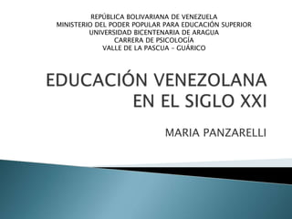 MARIA PANZARELLI
REPÚBLICA BOLIVARIANA DE VENEZUELA
MINISTERIO DEL PODER POPULAR PARA EDUCACIÓN SUPERIOR
UNIVERSIDAD BICENTENARIA DE ARAGUA
CARRERA DE PSICOLOGÍA
VALLE DE LA PASCUA – GUÁRICO
 