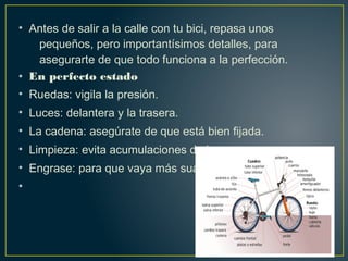 • Antes de salir a la calle con tu bici, repasa unos
pequeños, pero importantísimos detalles, para
asegurarte de que todo funciona a la perfección.
• En perfecto estado
• Ruedas: vigila la presión. 
• Luces: delantera y la trasera. 
• La cadena: asegúrate de que está bien fijada. 
• Limpieza: evita acumulaciones de barro. 
• Engrase: para que vaya más suave.
•
 