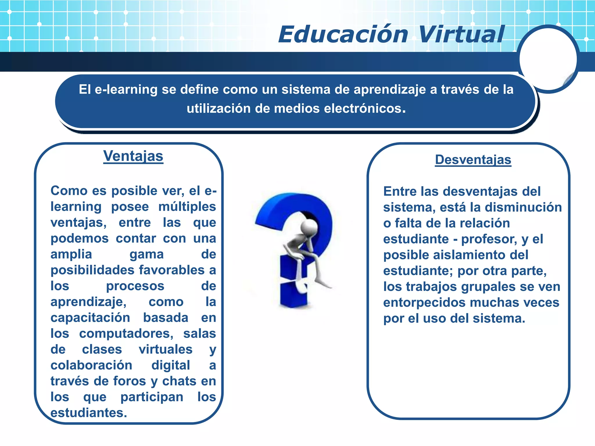 Educación Virtual

    El e-learning se define como un sistema de aprendizaje a través de la
                      utilización de medios electrónicos.


        Ventajas                                            Desventajas

Como es posible ver, el e-                          Entre las desventajas del
learning posee múltiples                            sistema, está la disminución
ventajas, entre las que              Text           o falta de la relación
podemos contar con una                              estudiante - profesor, y el
amplia       gama       de                          posible aislamiento del
posibilidades favorables a           Text           estudiante; por otra parte,
los      procesos       de                          los trabajos grupales se ven
aprendizaje,    como     la                         entorpecidos muchas veces
capacitación basada en               Tex            por el uso del sistema.
los computadores, salas
de clases virtuales y
colaboración digital a
través de foros y chats en
los que participan los
estudiantes.                         Text
 