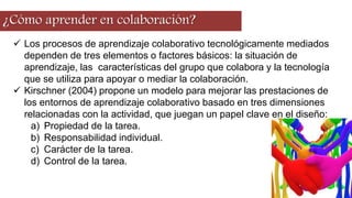 ¿Cómo aprender en colaboración?
 Los procesos de aprendizaje colaborativo tecnológicamente mediados
dependen de tres elementos o factores básicos: la situación de
aprendizaje, las características del grupo que colabora y la tecnología
que se utiliza para apoyar o mediar la colaboración.
 Kirschner (2004) propone un modelo para mejorar las prestaciones de
los entornos de aprendizaje colaborativo basado en tres dimensiones
relacionadas con la actividad, que juegan un papel clave en el diseño:
a) Propiedad de la tarea.
b) Responsabilidad individual.
c) Carácter de la tarea.
d) Control de la tarea.
 