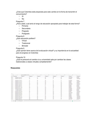 ¿Cree que Colombia está preparada para este cambio en la forma de transmitir el 
conocimiento? 
○  Sí 
○  No 
Pregunta 7 
¿Para usted, cual sería el rango de educación apropiado para trabajar de esta forma? 
○  Primaria 
○  Secundaria 
○  Pregrado 
○  Postgrado 
Pregunta 8 
¿Que educación prefiere? 
○  Virtual 
○  Tradicional 
○  Bimodal 
Pregunta 9 
¿Qué opinión tiene acerca de la educación virtual? y su importancia en la actualidad 
para el progreso en Colombia 
 
Pregunta 10 
¿Qué le parecería el cambio si su universidad opta por cambiar las clases 
tradicionales a clases virtuales completamente? 
Respuestas 
 
 
