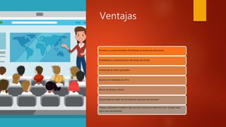 Ventajas
Permiten un acceso inmediato de ilimitado de fuentes de información
Flexibilidad en la administración del tiempo de estudio
Transciende el ámbito geográfico
Acceso a los materiales las 24 hs.
Ahorro de tiempo y dinero
Oportunidad de repetir las lecciones las veces que sea necesario
Trabajo colaborativo mediante salas de chat, reuniones a través de zoom, Google meet,
entre otras herramientas
 