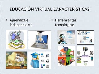 • Herramientas
tecnológicas
• Aprendizaje
independiente
EDUCACIÓN VIRTUAL CARACTERÍSTICAS
 