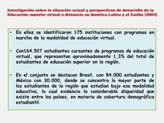 • En ellas se identificaron 175 instituciones con programas en 
marcha de la modalidad de educación virtual. 
• Con164.527 estudiantes cursantes de programas de educación 
virtual, que representan aproximadamente 1,3% del total de 
estudiantes de educación superior en la región. 
• En el conjunto se destacan Brasil, con 84.000 estudiantes y 
México con 30.000, donde se concentra la mayor parte de 
los estudiantes de la región que estudian bajo esa modalidad 
educativa, lo cual evidencia la considerable disparidad que 
existe entre los países, en materia de cobertura demográfica 
estudiantil. 
 