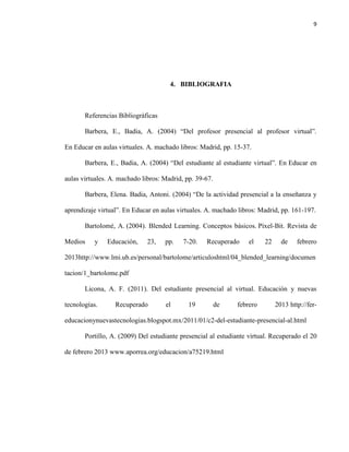 9
4. BIBLIOGRAFIA
Referencias Bibliográficas
Barbera, E., Badia, A. (2004) “Del profesor presencial al profesor virtual”.
En Educar en aulas virtuales. A. machado libros: Madrid, pp. 15-37.
Barbera, E., Badia, A. (2004) “Del estudiante al estudiante virtual”. En Educar en
aulas virtuales. A. machado libros: Madrid, pp. 39-67.
Barbera, Elena. Badia, Antoni. (2004) “De la actividad presencial a la enseñanza y
aprendizaje virtual”. En Educar en aulas virtuales. A. machado libros: Madrid, pp. 161-197.
Bartolomé, A. (2004). Blended Learning. Conceptos básicos. Píxel-Bit. Revista de
Medios y Educación, 23, pp. 7-20. Recuperado el 22 de febrero
2013http://www.lmi.ub.es/personal/bartolome/articuloshtml/04_blended_learning/documen
tacion/1_bartolome.pdf
Licona, A. F. (2011). Del estudiante presencial al virtual. Educación y nuevas
tecnologías. Recuperado el 19 de febrero 2013 http://fer-
educacionynuevastecnologias.blogspot.mx/2011/01/c2-del-estudiante-presencial-al.html
Portillo, A. (2009) Del estudiante presencial al estudiante virtual. Recuperado el 20
de febrero 2013 www.aporrea.org/educacion/a75219.html
 