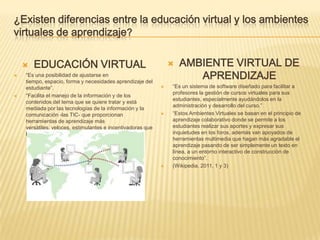 ¿Existen diferencias entre la educación virtual y los ambientes virtuales de aprendizaje?EDUCACIÓN VIRTUAL“Es una posibilidad de ajustarse en tiempo, espacio, forma y necesidades aprendizaje del estudiante”.“Facilita el manejo de la información y de los contenidos del tema que se quiere tratar y está mediada por las tecnologías de la información y la comunicación -las TIC- que proporcionan herramientas de aprendizaje más versátiles, veloces, estimulantes e incentivadoras que las tradicionales”. (Wikipedia, 2011, 1)AMBIENTE VIRTUAL DE APRENDIZAJE“Es un sistema de software diseñado para facilitar a profesores la gestión de cursos virtuales para sus estudiantes, especialmente ayudándolos en la administración y desarrollo del curso.”“Estos Ambientes Virtuales se basan en el principio de aprendizaje colaborativo donde se permite a los estudiantes realizar sus aportes y expresar sus inquietudes en los foros, además van apoyados de herramientas multimedia que hagan más agradable el aprendizaje pasando de ser simplemente un texto en línea, a un entorno interactivo de construcción de conocimiento”.(Wikipedia, 2011, 1 y 3)