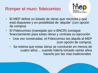 Romper el muro: fideicomiso El MEP define un listado de obras que necesita y que está dispuesto y en posibilidad de ‘alquilar’ (con opción de compra) El Fideicomiso (manejado por e BNCR) consigue financiamiento para estas obras y contrata su ejecución Una vez construidas, el Fideicomiso las alquila al MEP (con opción de compra). Se estima que estas obras se concluirán en menos de cuatro años… cuando habría tomado veinte años hacerlo por las vías tradicionales  
