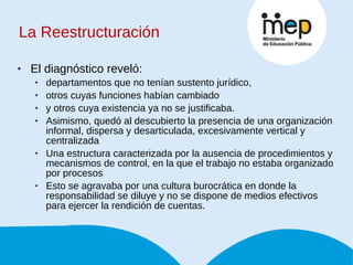 La Reestructuración El diagnóstico reveló:  departamentos que no tenían sustento jurídico,  otros cuyas funciones habían cambiado  y otros cuya existencia ya no se justificaba.  Asimismo, quedó al descubierto la presencia de una organización informal, dispersa y desarticulada, excesivamente vertical y centralizada  Una estructura caracterizada por la ausencia de procedimientos y mecanismos de control, en la que el trabajo no estaba organizado por procesos  Esto se agravaba por una cultura burocrática en donde la responsabilidad se diluye y no se dispone de medios efectivos para ejercer la rendición de cuentas.  