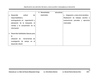 PROPUESTA DE OPCIÓN TÉCNICA: EDUCACIÓN Y DESARROLLO INFANTIL
24
Elaborado por: Lic. María del Rosario Melquiades Arriaga Lic. Olivia Muñoz Ramírez Lic. Brenda Patricia Sánchez Olivo 2013
• Desarrolla actitud de
responsabilidad y
autoregulación en organización y
planeación de la búsqueda, el
manejo y la comprensión de la
información
• Desarrolla habilidades básicas para
la
utilización de herramientas de
investigación de campo en el
desarrollo infantil
4. Necesidades educativas
especiales. • Integración y cierre de la temática
Realización de trabajos escritos o
evaluaciones parciales y ejercicios
vivenciales
 