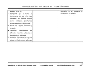 PROPUESTA DE OPCIÓN TÉCNICA: EDUCACIÓN Y DESARROLLO INFANTIL
29
Elaborado por: Lic. María del Rosario Melquiades Arriaga Lic. Olivia Muñoz Ramírez Lic. Brenda Patricia Sánchez Olivo 2013
estético, social etc.
• Comprende que la forma de
comportarse de los niños esta
permeada por diversos factores
como: biológicos, psicológicos,
ambientales y por el aprendizaje.
• Actúa con respeto, tolerancia y
empatía.
• Desarrolla creativamente los
diferentes materiales utilizados en
las situaciones didácticas.
• Identifica las técnicas que puede
utilizar en el aula y como aplicarlas.
plasmados en el programa de
modificación de conducta.
 