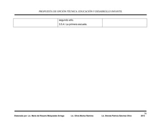 PROPUESTA DE OPCIÓN TÉCNICA: EDUCACIÓN Y DESARROLLO INFANTIL
36
Elaborado por: Lic. María del Rosario Melquiades Arriaga Lic. Olivia Muñoz Ramírez Lic. Brenda Patricia Sánchez Olivo 2013
segundo año.
3.5.4. La primera escuela.
 