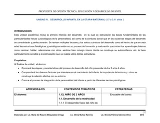 PROPUESTA DE OPCIÓN TÉCNICA: EDUCACIÓN Y DESARROLLO INFANTIL
37
Elaborado por: Lic. María del Rosario Melquiades Arriaga Lic. Olivia Muñoz Ramírez Lic. Brenda Patricia Sánchez Olivo 2013
UNIDAD IV. DESARROLLO INFANTIL EN LA ETAPA MATERNAL (1.7 a 3.11 años )
INTRODUCCION
Esta unidad académica revisa la primera infancia del desarrollo en la cual se estructuran las bases fundamentales de las
particularidades físicas y psicológicas de la personalidad, así como de la conducta social que en las sucesivas etapas del desarrollo
se consolidarán y perfeccionarán. Se revisan múltiples factores y los saltos cuánticos del desarrollo como el hecho de que en esta
edad las estructuras fisiológicas y psicológicas están en un proceso de formación y maduración que inician los aprendizajes básicos
como caminar, hablar, relacionarse con otros, sentirse bien consigo mismo donde se construye su autoconfianza, etc. la hace
particularmente sensible a la estimulación que se realiza sobre dichas estructuras.
Propósitos:
Al finalizar la unidad, el alumno:
• Conocerá las etapas y características del proceso de desarrollo del niño preescolar de los 2 a los 4 años.
• Comprenderá los diversos factores que interviene en el crecimiento del infante, la importancia del entorno y cómo se
construye la relación afectiva con su entorno.
• Conoce el proceso de integración de la personalidad del infante a partir de diferentes teorías psicológicas.
APRENDIZAJES CONTENIDOS TEMÁTICOS ESTRATEGIAS
El alumno: 1. EL NIÑO DE 2 AÑOS
1.1. Desarrollo de la motricidad
1.1.1 El desarrollo físico del niño de
Encuadre del curso:
 