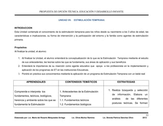 PROPUESTA DE OPCIÓN TÉCNICA: EDUCACIÓN Y DESARROLLO INFANTIL
53
Elaborado por: Lic. María del Rosario Melquiades Arriaga Lic. Olivia Muñoz Ramírez Lic. Brenda Patricia Sánchez Olivo 2013
UNIDAD VII. ESTIMULACIÓN TEMPRANA
INTRODUCCION
Esta Unidad contempla el conocimiento de la estimulación temprana para los niños desde su nacimiento a los 3 años de edad, las
características e implicaciones, su forma de intervención y la participación del entorno y la familia como agentes de estimulación
primaria.
Propósitos:
Al finalizar la unidad, el alumno:
1. Al finalizar la Unidad, el alumno entenderá la conceptualización de lo que es la Estimulación Temprana mediante el estudio
de sus antecedentes, las teorías sobre las que se fundamenta, sus áreas de aplicación y sus beneficios
2. Entenderá la importancia de su inserción como agente educativo que apoya a los profesionista en la implementación y
aplicación de los programas de ET en las instituciones Educativas.
3. Pondrá en práctica sus conocimientos mediante la aplicación de un programa de Estimulación Temprana con un bebé real.
APRENDIZAJES CONTENIDOS TEMÁTICOS ESTRATEGIAS
Comprende e interpreta los
fundamentos, teóricos, biológicos,
herencia y ambiente sobre los que se
fundamenta la Estimulación
1. Antecedentes de la Estimulación
Temprana
1.1. Fundamentos teóricos
1.2. Fundamentos biológicos
1. Realiza búsqueda y selección
de información. Elabora un
análisis de las diferentes
posturas teóricas. Se forman
 
