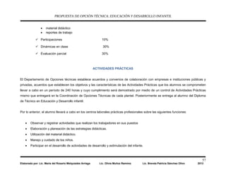 PROPUESTA DE OPCIÓN TÉCNICA: EDUCACIÓN Y DESARROLLO INFANTIL
57
Elaborado por: Lic. María del Rosario Melquiades Arriaga Lic. Olivia Muñoz Ramírez Lic. Brenda Patricia Sánchez Olivo 2013
• material didáctico
• reportes de trabajo
 Participaciones 10%
 Dinámicas en clase 30%
 Evaluación parcial 30%
ACTIVIDADES PRÁCTICAS
El Departamento de Opciones técnicas establece acuerdos y convenios de colaboración con empresas e instituciones públicas y
privadas, acuerdos que establecen los objetivos y las características de las Actividades Prácticas que los alumnos se comprometen
llevar a cabo en un período de 240 horas y cuyo cumplimiento será demostrado por medio de un control de Actividades Prácticas
mismo que entregará en la Coordinación de Opciones Técnicas de cada plantel. Posteriormente se entrega al alumno del Diploma
de Técnico en Educación y Desarrollo infantil.
Por lo anterior, el alumno llevará a cabo en los centros laborales prácticas profesionales sobre las siguientes funciones:
• Observar y registrar actividades que realizan los trabajadores en sus puestos
• Elaboración y planeación de las estrategias didácticas.
• Utilización del material didáctico.
• Manejo y cuidado de los niños.
• Participar en el desarrollo de actividades de desarrollo y estimulación del infante.
 