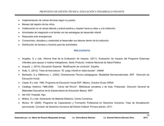 PROPUESTA DE OPCIÓN TÉCNICA: EDUCACIÓN Y DESARROLLO INFANTIL
58
Elaborado por: Lic. María del Rosario Melquiades Arriaga Lic. Olivia Muñoz Ramírez Lic. Brenda Patricia Sánchez Olivo 2013
• Implementación de rutinas técnicas según su puesto.
• Manejo del registro de los niños.
• Colaboración en el campo laboral y actitud positiva y respeto hacia su labor y a la institución.
• Actividades de integración a la familia con las estrategias de desarrollo infantil
• Respuesta ante emergencias
• Compromiso, disciplina y creatividad al desarrollar sus labores dentro de la institución.
• Distribución de tiempos y horarios para las actividades
BIBLIOGRAFIA
• Angeles, G y cols. Informe final de la Evaluación de impacto. (2011). Evaluación de impacto del Programa Estancias
Infantiles para apoyar a madres trabajadoras. Sexto Producto. Instituto Nacional de Salud Pública.
• Anguita, J. (2010). Educación Especial. “Modificación de conducta”. España.
• Ávila, C. (2012). Tesis de licenciatura: “El juego infantil en edad escolar”. UNAM.
• Barbeytto, G y Villafranca, L. (2002). Orientaciones Técnico pedagógicas. Modalidad Semiescolarizada. SEP. Dirección de
Educación Inicial.
• Casas, B y cols. 1992. Programa de Educación Inicial SEP. México, Octubre Grupo ORSA
• Catálogo Histórico 1986-2006. “Libros del Rincón”. Bibliotecas escolares y de Aula. Preescolar. Dirección General de
Materiales Educativos de la Subsecretaria de Educación Básica. SEP:
• del niño”.Huejutla, Hgo.
• Molina, O y cols. Generación de Material Didáctico. Centro Comenius.
• Muñoz, M. (2009). Programa de Capacitación y Formación Profesional en Derechos Humanos. Fase de Actualización
permanente. Comisión de Derechos Humanos del Distrito Federal. Primera edición, 2011.
 