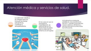 Atención médica y servicios de salud.
La atención médica
es integral esto es:
incluye acciones
preventivas,
curativas y
rehabilitadoras.
En los casos en que es
necesaria la
hospitalización, el
personal de los CS
reúne todos los datos
para la atención al
enfermo en el hospital
Actualmente se pretende
establecer una coordinación
técnico – científica que permita
mayor coberura, eficiencia y
eficacia de servicio entre todas
las instituciones.
 