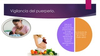 Vigilancia del puerperio.
la duración de
esta etapa es
de un mes y
medio aprox.
Este es el
momento
oportuno para
proporcionar a
la mujer
indicaciones
sobre la
alimentación,
técnica de
lactancia
materna,
deambulación
etc…
 