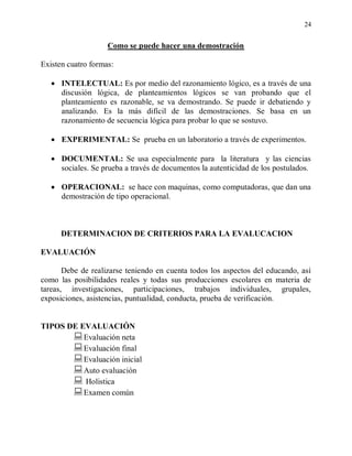 24


                    Como se puede hacer una demostración

Existen cuatro formas:

      INTELECTUAL: Es por medio del razonamiento lógico, es a través de una
      discusión lógica, de planteamientos lógicos se van probando que el
      planteamiento es razonable, se va demostrando. Se puede ir debatiendo y
      analizando. Es la más difícil de las demostraciones. Se basa en un
      razonamiento de secuencia lógica para probar lo que se sostuvo.

      EXPERIMENTAL: Se prueba en un laboratorio a través de experimentos.

      DOCUMENTAL: Se usa especialmente para la literatura y las ciencias
      sociales. Se prueba a través de documentos la autenticidad de los postulados.

      OPERACIONAL: se hace con maquinas, como computadoras, que dan una
      demostración de tipo operacional.



      DETERMINACION DE CRITERIOS PARA LA EVALUCACION

EVALUACIÓN

       Debe de realizarse teniendo en cuenta todos los aspectos del educando, así
como las posibilidades reales y todas sus producciones escolares en materia de
tareas, investigaciones, participaciones, trabajos individuales, grupales,
exposiciones, asistencias, puntualidad, conducta, prueba de verificación.


TIPOS DE EVALUACIÓN
        Evaluación neta
        Evaluación final
        Evaluación inicial
        Auto evaluación
        Holistica
        Examen comùn
 