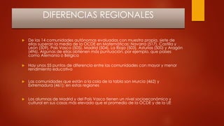 DIFERENCIAS REGIONALES
 De las 14 comunidades autónomas evaluadas con muestra propia, siete de
ellas superan la media de la OCDE en Matemáticas: Navarra (517), Castilla y
León (509), País Vasco (505), Madrid (504), La Rioja (503), Asturias (500) y Aragón
(496). Algunas de ellas obtienen más puntuación, por ejemplo, que países
como Alemania o Bélgica
 Hay unos 55 puntos de diferencia entre las comunidades con mayor y menor
rendimiento educativo
 Las comunidades que están a la cola de la tabla son Murcia (462) y
Extremadura (461); en estas regiones
 Los alumnos de Madrid y del País Vasco tienen un nivel socioeconómico y
cultural en sus casas más elevado que el promedio de la OCDE y de la UE
 