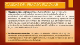 CAUSAS DEL FRACSO ESCOLAR
 Causas socioeconómicas: Hay estudios oficiales que revelan una
relación directa entre el nivel socioeconómico de las familias y el
rendimiento de los hijos en la escuela. En muchos casos la falta de apoyo
en casa o de dinero para continuar los estudios medios y superiores hace
que los alumnos no den lo mejor de sí mismos o que abandonen antes
de tiempo su etapa formativa. Estos colectivos de alumnos son los que
más directamente dependen de la inversión pública en educación para
lograr unos rendimientos óptimos
 Problemas coyunturales: Las personas tenemos altibajos a lo largo de
diferentes etapas de nuestra vida. Baches anímicos, acontecimientos
externos que nos marcan negativamente, o incluso situaciones de acoso
escolar (el conocido como bullying).
 