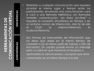    Referidas a cualquier comunicación que requiera
    acordar el mismo lugar y tiempo entre los
    participantes, emulando una comunicación cara
    a cara o una llamada telefónica, son llamadas
    también comunicación “en línea (on-line)” y
    requiere la conexión simultánea en tiempo y en
    un entorno común de interacción, dan fe de ello
    el      Chat,    la     videoconferencia,    la
    audioconferencia.

   Son formas de intercambio de información que
    no tiene que darse en el mismo tiempo de
    conexión o en el mismo perfil de trabajo o sitio de
    encuentro. Un usuario puede enviar un mensaje
    pero no sabe en qué momento el receptor o
    destinatario lo verá el emisor y receptor que estar
    conectados en el mismo tiempo a la red
 