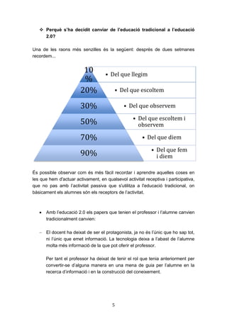 5
 Perquè s’ha decidit canviar de l’educació tradicional a l’educació
2.0?
Una de les raons més senzilles és la següent: després de dues setmanes
recordem...
És possible observar com és més fàcil recordar i aprendre aquelles coses en
les que hem d'actuar activament, en qualsevol activitat receptiva i participativa,
que no pas amb l’activitat passiva que s'utilitza a l'educació tradicional, on
bàsicament els alumnes són els receptors de l’activitat.
 Amb l’educació 2.0 els papers que tenien el professor i l’alumne canvien
tradicionalment canvien:
 El docent ha deixat de ser el protagonista, ja no és l’únic que ho sap tot,
ni l’únic que emet informació. La tecnologia deixa a l’abast de l’alumne
molta més informació de la que pot oferir el professor.
Per tant el professor ha deixat de tenir el rol que tenia anteriorment per
convertir-se d’alguna manera en una mena de guia per l’alumne en la
recerca d’informació i en la construcció del coneixement.
• Del que llegim
10
%
• Del que escoltem20%
• Del que observem30%
• Del que escoltem i
observem50%
• Del que diem70%
• Del que fem
i diem90%
 
