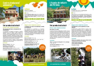 Primer cicle: treball de síntesi
Els recursos del bosc: cal preservar els
ecosistemes
La Generalitat de Catalunya ha aprovat un projecte
d’autopista que va de Mataró a Vielha, passant per
Manresa i Solsona. El projecte afecta els entorns de
La Ruca ja que l’autopista passarà entre La Ruca i el
Berenguer. Actualment, observant els entorns, podem
apreciar que s’hi va iniciar una urbanització que per motius
de protecció de la zona es va aturar.Així, el projecte podria
suposar també la reanimació de la urbanització.
Es convida els alumnes a realitzar un estudi d’impacte
ambiental de la zona per comprovar la repercussió del
projecte que es vol dur a terme.
5
www.peretarres.org/lasalawww.peretarres.org/laruca
TAMBÉ
ESTADES
EN ANGLÈS
Centre d’educacio
ambiental
AVINYÓ | EL BAGES
Legalitzada per l’SGJC amb el núm. 46
Primera escola de natura creada per la Fundació Pere
Tarrés. Antiga casa pairal del Bages que destaca per la
riquesa del seu entorn natural, on conviuen múltiples
espècies.
La Ruca
130 places
TAMBÉ
ESTADES
EN ANGLÈS
L’Escola de natura
del Pirineu
Segon cicle: treball de recerca
Cadí-Moixeró: com es gestiona un parc
natural?
El Departament de Medi Ambient ha escollit el Parc
Natural del Cadí-Moixeró per a la realització d’un
programa pilot amb la intenció de fer un aprofitament dels
recursos del parc que sigui respectuós i que preservi
també els valors naturals, un aprofitament sostenible.
Els alumnes que participin en el crèdit hauran de fer un
estudi actiu i dinàmic dels recursos del parc (legislació
del parc natural, d’estudi d’una parcel·la i dels arbres, ús
social del bosc, proposta d’explotació).
Activitats:
Estudi de la legislació dels parcs naturals sobre
l’explotació dels recursos (a l’escola).
Visita al Centre d’Informació
del Parc Natural Cadí-Moixeró.
Els arbres i la fusta.
Primer cicle: treball de síntesi
Riu amunt, riu avall...
El Consell Comarcal del Berguedà vol editar una guia
turística de la zona de l’Alt Berguedà, que és la part de
la comarca inclosa al Parc Natural del Cadí-Moixeró. El
projecte s’anomena “Riu amunt, riu avall” en homenatge
al Llobregat, que constitueix l’eix que vertebra la
comarca. L’escola de natura de La Sala ha decidit oferir
la seva col·laboració i els alumnes hauran de recollir
informació sobre les activitats que s’hi desenvolupen
per dissenyar-la.
Activitats:
Situa’t: la comarca del Berguedà i el riu Llobregat.
C. Soc., Nat. i Inf.
Les Fonts del Llobregat. Nat. i C. Soc.
El riu Llobregat. Mat. i Nat.
Segon cicle: treball de recerca
L’energia ni es crea ni es destrueix, només
es transforma
Els participants es converteixen en arquitectes
que hauran de ser capaços de construir una casa
energèticament eficient. Es tracta de dissenyar-la amb
tècniques i materials que garanteixin un estalvi energètic
i una millora ambiental. Aquesta arquitectura té en
compte la morfologia del lloc, la climatologia, l’orientació
i les energies renovables.
Activitats:
Situa’t (a l’escola). C. Soc. i Llg.
Orientació: on tens el nord?
Com es llegeix un mapa? C. Soc.
Estat de salut de la riera. Nat., Mat., Llg. i Tec.
El veredicte: Autopista sí / Autopista no! EViP.
Activitats:
Situa’t (a l’escola). C. Soc. i Llg.
Estudi del clima de la zona. Nat., C. Soc., EViP. i Tec.
Energies renovables. Nat., Tec., i Llg.
Cicles d’energia al bosc. Nat. i Mat.
Conclusions: dissenyem la nostra casa
energèticament eficient. EViP. i Llg.
Tot un mon d’activitats!
152 places
Alberg situat en una zona forestal del Prepirineu, a prop
del naixement del riu Llobregat. L’entorn geogràfic del
Parc Natural del Cadí-Moixeró i la serra del Catllaràs
permeten oferir una proposta d’educació ambiental de
gran interès i qualitat.
LA POBLA DE LILLET | EL BERGUEDÀ
Legalitzada per l’SGJC amb el núm. 177
La Sala
Tot un mon d’activitats!
 