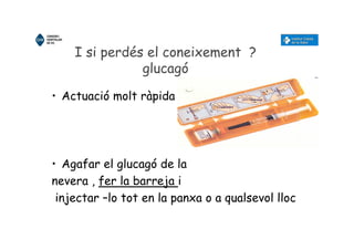 I si perdés el coneixement ?
glucagó
• Actuació molt ràpida
• Agafar el glucagó de la
nevera , fer la barreja i
injectar –lo tot en la panxa o a qualsevol lloc
 