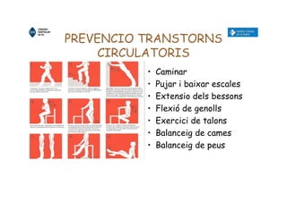 PREVENCIO TRANSTORNS
CIRCULATORIS
•
caminar
•
• Caminar
• Pujar i baixar escales
• Extensio dels bessons
• Flexió de genolls
• Exercici de talons
• Balanceig de cames
• Balanceig de peus
 