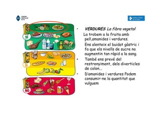 • VERDURES La fibra vegetalLa fibra vegetal
La trobem a la fruita amb
pell,amanides i verdures.
Ens alenteix el buidat gàstric i
fa que els nivells de sucre no
augmentin tan ràpid a la sang.
• També ens prevé del
restrenyiment, dels diverticles
de colon...
• D’amanides i verdures Podem
consumir-ne la quantitat que
vulguem
 