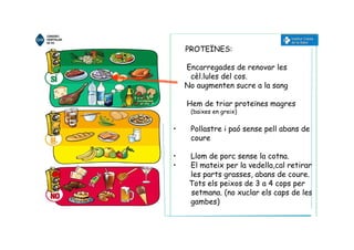 PROTEÏNES:
Encarregades de renovar les
cèl.lules del cos.
No augmenten sucre a la sang
Hem de triar proteïnes magres
(baixes en greix)
• Pollastre i paó sense pell abans de
coure
• Llom de porc sense la cotna.
• El mateix per la vedella,cal retirar
les parts grasses, abans de coure.
Tots els peixos de 3 a 4 cops per
setmana. (no xuclar els caps de les
gambes)
 