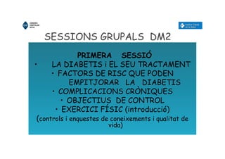 SESSIONS GRUPALS DM2
PRIMERA SESSIÓ
• LA DIABETIS i EL SEU TRACTAMENT
• FACTORS DE RISC QUE PODEN
EMPITJORAR LA DIABETIS
• COMPLICACIONS CRÒNIQUES
• OBJECTIUS DE CONTROL
• EXERCICI FÍSIC (introducció)
(controls i enquestes de coneixements i qualitat de
vida)
 