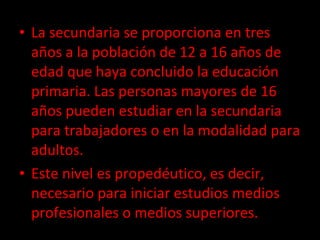La secundaria se proporciona en tres años a la población de 12 a 16 años de edad que haya concluido la educación primaria. Las personas mayores de 16 años pueden estudiar en la secundaria para trabajadores o en la modalidad para adultos.  Este nivel es propedéutico, es decir, necesario para iniciar estudios medios profesionales o medios superiores. 