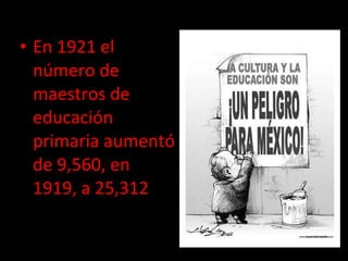 En 1921 el número de maestros de educación primaria aumentó de 9,560, en 1919, a 25,312 