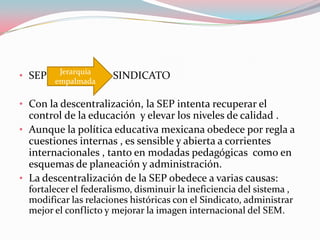 El entorno internacionalMéxico ocupa una posición subordinada en el sistema internacional.La Teoría de la Dependencia: destaca la función hegemónica que desempeñan las potencias centrales en las políticas económicas:                      descentralización de la educaciónMéxico la ha desarrollado  bajo la atmosfera internacional               Banco Mundial Tendencias Centro 