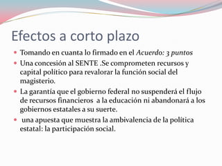 Legitimación y ControlSí se confirma que la descentralización es ambivalente : 1) persigue legitimar al gobierno2) y simultáneamente , mantener el control y la eficacia del SEM.  Reconstrucción parcial del federalismo (constitución 1917)En lugar de control , la SEP se encaminaba al territorio de la anarquía, y la inmovilidad.Tenía que depender  de un ejercito creciente de empleados y funcionarios , convirtiéndose en un enjambre humano que actuaba de manera desarticulada . Esta lógica era para crecer y reproducirse , no para servir a la educación. 