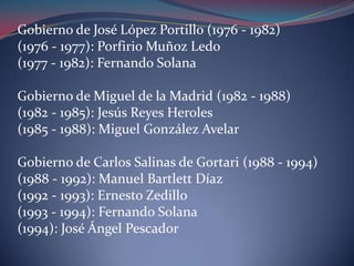 Gobierno de José López Portillo (1976 - 1982) (1976 - 1977): Porfirio Muñoz Ledo (1977 - 1982): Fernando Solana Gobierno de Miguel de la Madrid (1982 - 1988) (1982 - 1985): Jesús Reyes Heroles(1985 - 1988): Miguel González Avelar Gobierno de Carlos Salinas de Gortari (1988 - 1994) (1988 - 1992): Manuel Bartlett Díaz (1992 - 1993): Ernesto Zedillo (1993 - 1994): Fernando Solana (1994): José Ángel Pescador 