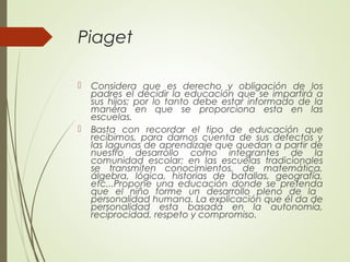 Piaget
 Considera que es derecho y obligación de los
padres el decidir la educación que se impartirá a
sus hijos; por lo tanto debe estar informado de la
manera en que se proporciona esta en las
escuelas.
 Basta con recordar el tipo de educación que
recibimos, para darnos cuenta de sus defectos y
las lagunas de aprendizaje que quedan a partir de
nuestro desarrollo como integrantes de la
comunidad escolar; en las escuelas tradicionales
se transmiten conocimientos, de matemática,
álgebra, lógica, historias de batallas, geografía,
etc...Propone una educación donde se pretenda
que el niño forme un desarrollo pleno de la
personalidad humana. La explicación que él da de
personalidad esta basada en la autonomía,
reciprocidad, respeto y compromiso.
 