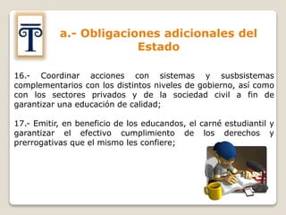 a.- Obligaciones adicionales del
Estado
16.- Coordinar acciones con sistemas y susbsistemas
complementarios con los distintos niveles de gobierno, así como
con los sectores privados y de la sociedad civil a fin de
garantizar una educación de calidad;
17.- Emitir, en beneficio de los educandos, el carné estudiantil y
garantizar el efectivo cumplimiento de los derechos y
prerrogativas que el mismo les confiere;
 