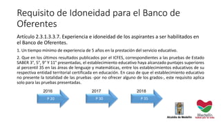 Requisito de Idoneidad para el Banco de
Oferentes
Artículo 2.3.1.3.3.7. Experiencia e idoneidad de los aspirantes a ser habilitados en
el Banco de Oferentes.
1. Un tiempo mínimo de experiencia de 5 años en la prestación del servicio educativo.
2. Que en los últimos resultados publicados por el ICFES, correspondientes a las pruebas de Estado
SABER 3°, 5°, 9° Y 11° presentadas, el establecimiento educativo haya alcanzado puntajes superiores
al percentil 35 en las áreas de lenguaje y matemáticas, entre los establecimientos educativos de su
respectiva entidad territorial certificada en educación. En caso de que el establecimiento educativo
no presente la totalidad de las pruebas -por no ofrecer alguno de los grados-, este requisito aplica
solo para las pruebas presentadas.
P 20 P 30 P 35
2016 2017 2018
 