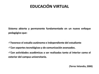 EDUCACIÓN VIRTUAL
Sistema abierto y permanente fundamentado en un nuevo enfoque
pedagógico que:
Favorece el estudio autónomo e independiente del estudiante
Con soportes tecnológicos y de comunicación avanzados.
Con actividades académicas a ser realizadas tanto al interior como el
exterior del campus universitario.
(Torres Velandia, 2000)
 