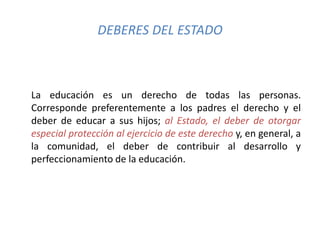 DEBERES DEL ESTADO
La educación es un derecho de todas las personas.
Corresponde preferentemente a los padres el derecho y el
deber de educar a sus hijos; al Estado, el deber de otorgar
especial protección al ejercicio de este derecho y, en general, a
la comunidad, el deber de contribuir al desarrollo y
perfeccionamiento de la educación.
 