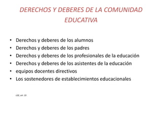 DERECHOS Y DEBERES DE LA COMUNIDAD
EDUCATIVA
• Derechos y deberes de los alumnos
• Derechos y deberes de los padres
• Derechos y deberes de los profesionales de la educación
• Derechos y deberes de los asistentes de la educación
• equipos docentes directivos
• Los sostenedores de establecimientos educacionales
LGE, art. 10
 