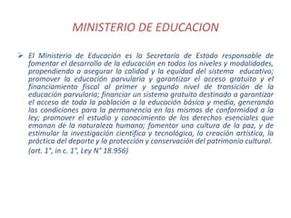 MINISTERIO DE EDUCACION
 El Ministerio de Educación es la Secretaría de Estado responsable de
fomentar el desarrollo de la educación en todos los niveles y modalidades,
propendiendo a asegurar la calidad y la equidad del sistema educativo;
promover la educación parvularia y garantizar el acceso gratuito y el
financiamiento fiscal al primer y segundo nivel de transición de la
educación parvularia; financiar un sistema gratuito destinado a garantizar
el acceso de toda la población a la educación básica y media, generando
las condiciones para la permanencia en las mismas de conformidad a la
ley; promover el estudio y conocimiento de los derechos esenciales que
emanan de la naturaleza humana; fomentar una cultura de la paz, y de
estimular la investigación científica y tecnológica, la creación artística, la
práctica del deporte y la protección y conservación del patrimonio cultural.
(art. 1°, in c. 1°, Ley N° 18.956)
 