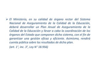  El Ministerio, en su calidad de órgano rector del Sistema
Nacional de Aseguramiento de la Calidad de la Educación,
deberá desarrollar un Plan Anual de Aseguramiento de la
Calidad de la Educación y llevar a cabo la coordinación de los
órganos del Estado que componen dicho sistema, con el fin de
garantizar una gestión eficaz y eficiente. Asimismo, rendirá
cuenta pública sobre los resultados de dicho plan.
(art. 1°, inc. 3°, Ley N° 18.956)
 