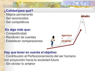 ¿Calidad para qué? Mejora permanente Ser reconocidos  Ser competitivos  Es algo más que:   - Competitividad Rendición de cuentas  Establecer comparaciones  Hay que tener en cuenta el objetivo: Contribución al   Perfeccionamiento del ser humano  con proyecci ón hacia  la sociedad futura - Sin olvidar lo anterior ideales Apertura = VISION 