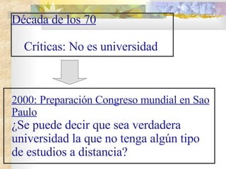 Década de los 70 Críticas: No es universidad 2000: Preparación Congreso mundial en Sao Paulo ¿Se puede decir que sea verdadera universidad la que no tenga algún tipo de estudios a distancia? 