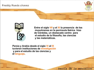 Persia y Arabia desde el siglo  VI  al  IX  tuvieron instituciones de  investigación y para el estudio de las ciencias y  el  lenguaje . Entre el siglo  VII  y el  XI  la presencia  de los musulmanes en la península Ibérica  hizo  de Córdoba, un destacado centro  para el estudio de la filosofía, las ciencias y las matemáticas.   
