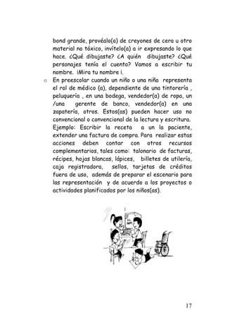 bond grande, provéalo(a) de creyones de cera u otro material no tóxico, invítelo(a) a ir expresando lo que hace. ¿Qué dibujaste? ¿A quién dibujaste? ¿Qué personajes tenía el cuento? Vamos a escribir tu nombre. ¡Mira tu nombre ¡. 
o 
En preescolar cuando un niño o una niña representa el rol de médico (a), dependiente de una tintorería , peluquería , en una bodega, vendedor(a) de ropa, un /una gerente de banco, vendedor(a) en una zapatería, otros. Estos(as) pueden hacer uso no convencional o convencional de la lectura y escritura. 
Ejemplo: Escribir la receta a un la paciente, extender una factura de compra. Para realizar estas acciones deben contar con otros recursos complementarios, tales como: talonario de facturas, récipes, hojas blancas, lápices, billetes de utilería, caja registradora, sellos, tarjetas de créditos fuera de uso, además de preparar el escenario para las representación y de acuerdo a los proyectos o actividades planificados por los niños(as). 
17 
 