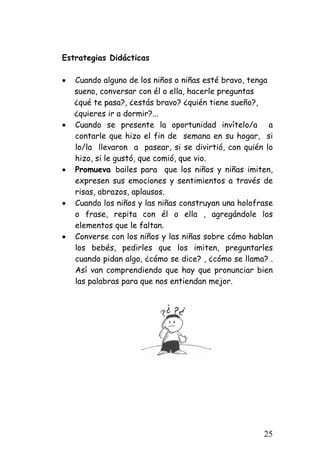 Estrategias Didácticas 
• 
Cuando alguno de los niños o niñas esté bravo, tenga sueno, conversar con él o ella, hacerle preguntas ¿qué te pasa?, ¿estás bravo? ¿quién tiene sueño?, ¿quieres ir a dormir?... 
• 
Cuando se presente la oportunidad invítelo/a a contarle que hizo el fin de semana en su hogar, si lo/la llevaron a pasear, si se divirtió, con quién lo hizo, si le gustó, que comió, que vio. 
• 
Promueva bailes para que los niños y niñas imiten, expresen sus emociones y sentimientos a través de risas, abrazos, aplausos. 
• 
Cuando los niños y las niñas construyan una holofrase o frase, repita con él o ella , agregándole los elementos que le faltan. 
• 
Converse con los niños y las niñas sobre cómo hablan los bebés, pedirles que los imiten, preguntarles cuando pidan algo, ¿cómo se dice? , ¿cómo se llama? . Así van comprendiendo que hay que pronunciar bien las palabras para que nos entiendan mejor. 
25 
 
